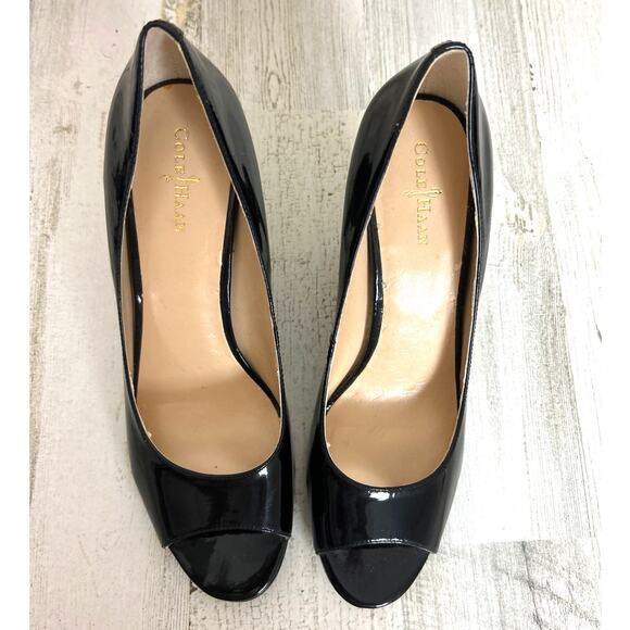 Cole Haan Women’s 7.5 Black Patent Leather Peep Toe Pumps Work Heels NEW - Picture 2 of 8